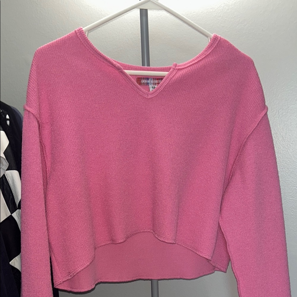 Urban Outfitters Off the Shoulder Pink V-Neck Sweater